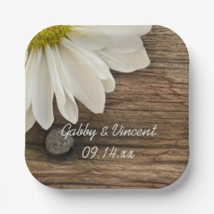 White Daisy and Barn Wood Country Wedding Paper Plate