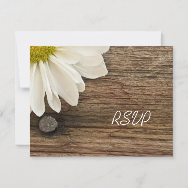 White Daisy and Barn Wood Country Wedding RSVP Card (Front)