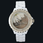 White Daisy and Barn Wood Country Wedding Watch<br><div class="desc">Customize the rustic chic White Daisy and Barn Wood Country Wedding Wrist Watch with the personal names of the bride and groom and specific marriage ceremony date. This charming custom western ranch style nuptial time piece features a quaint floral photograph of a white daisy flower blossom with a brown weathered...</div>