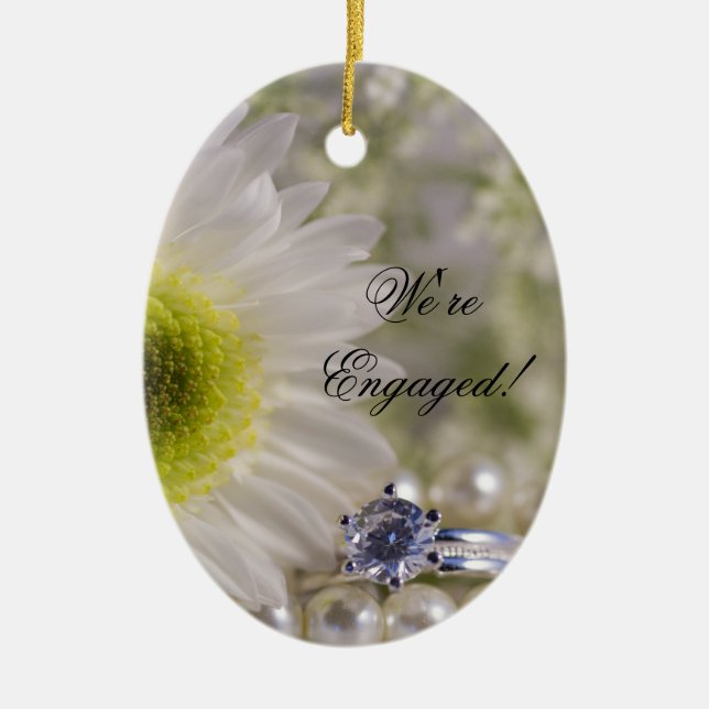White Daisy and Diamond Ring Engagement Ceramic Ornament (Front)