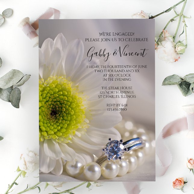 White Daisy and Diamond Ring Engagement Party Invitation (Creator Uploaded)
