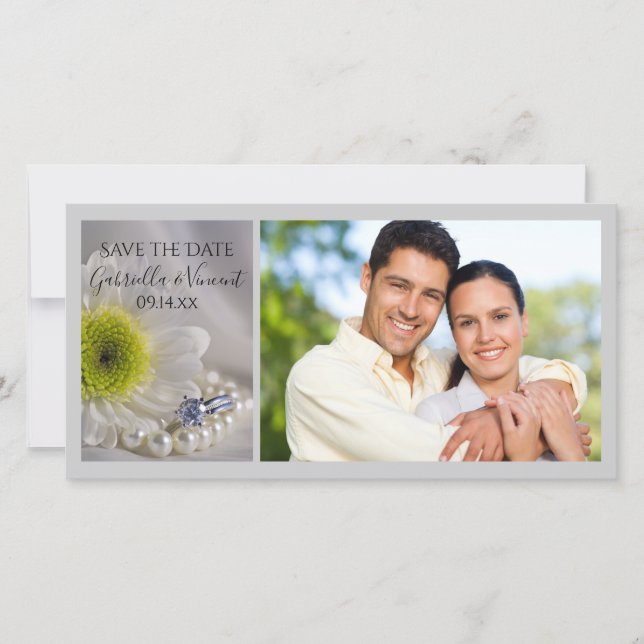 White Daisy and Diamond Ring Wedding Save the Date (Front)