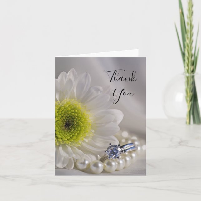 White Daisy and Diamond Ring Wedding Thank You Card (Front)