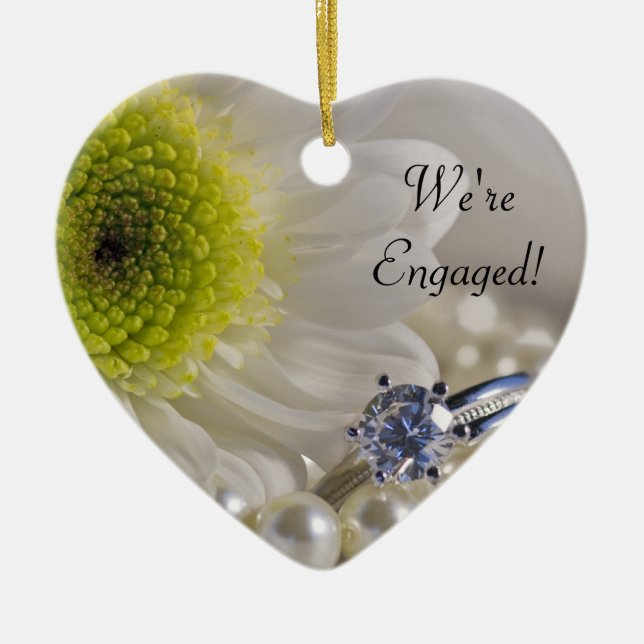 White Daisy and Diamond Ring We're Engaged Ceramic Ornament (Front)