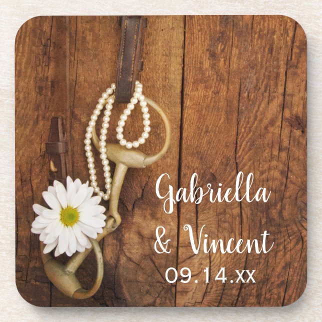 White Daisy and Horse Bit Country Western Wedding Coaster (Front)
