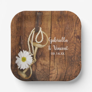 White Daisy and Horse Bit Country Western Wedding Paper Plate
