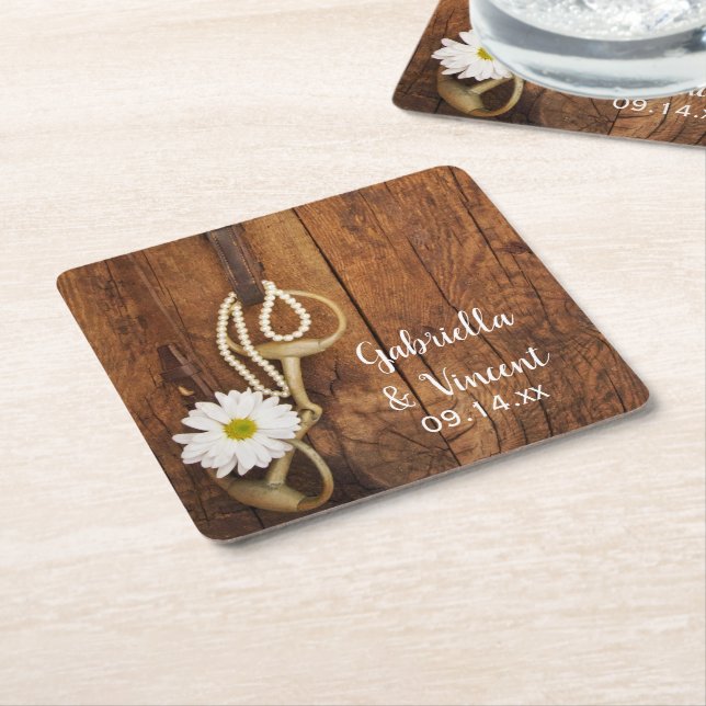 White Daisy and Horse Bit Country Western Wedding Square Paper Coaster (Angled)