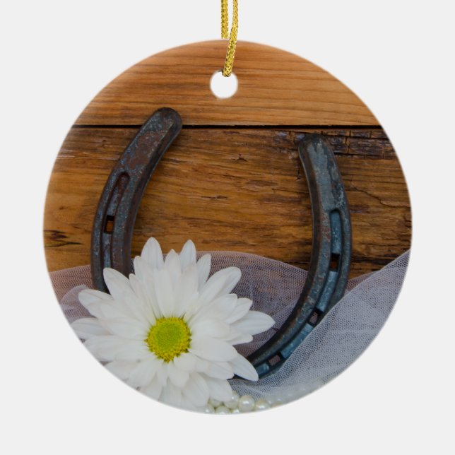 White Daisy and Horseshoe Country Wedding Ceramic Ornament (Front)