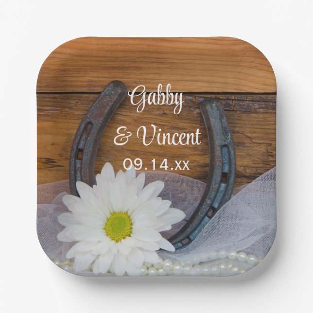White Daisy and Horseshoe Country Western Wedding Paper Plate (Front)