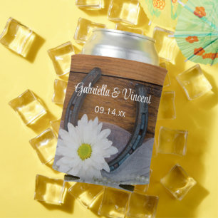 White Daisy and Horseshoe Western Wedding Favour Can Cooler