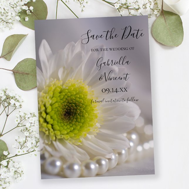 White Daisy and Pearls Wedding Save the Date (Creator Uploaded)