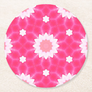 White daisy and stars over pink background pattern round paper coaster