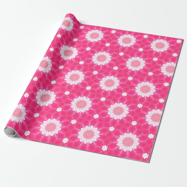 White daisy and stars over pink background pattern wrapping paper (Unrolled)