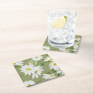 White Daisy   Baby Shower Summer floral bloom Square Paper Coaster