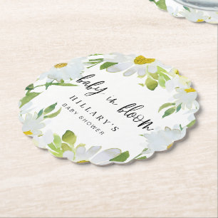 White Daisy   Baby Shower Summer floral scalloped Paper Coaster