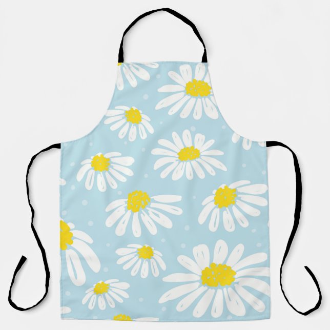 White Daisy Blue Background Seamless Apron (Front)