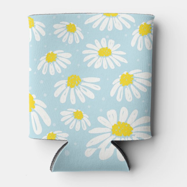 White Daisy Blue Background Seamless Can Cooler (Front)