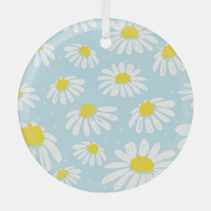 White Daisy Blue Background Seamless Glass Ornament