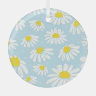 White Daisy Blue Background Seamless Glass Ornament