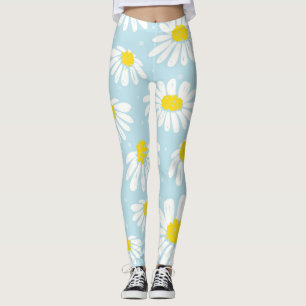 White Daisy Blue Background Seamless Leggings