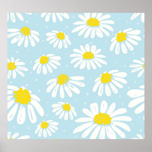 White Daisy Blue Background Seamless Poster