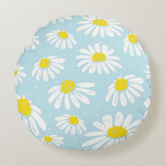 White Daisy Blue Background Seamless Round Pillow