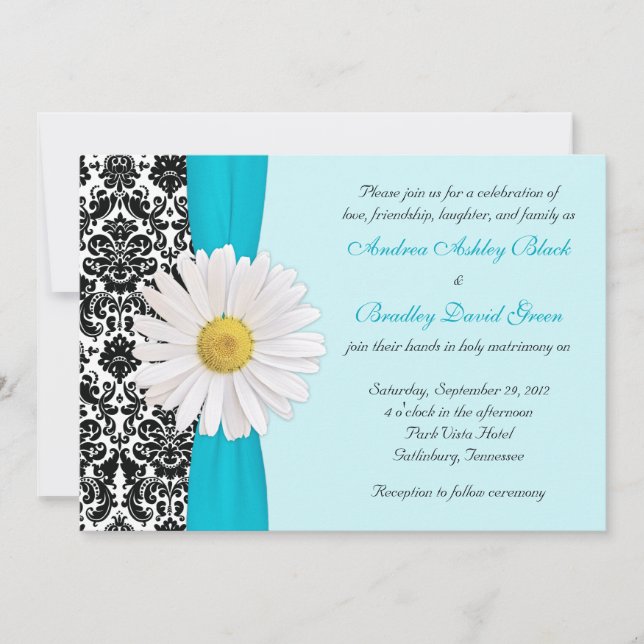 White Daisy Blue Black Damask Wedding Invitation (Front)