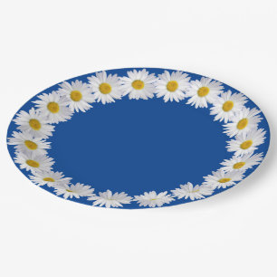White Daisy Border On Blue Paper Plate