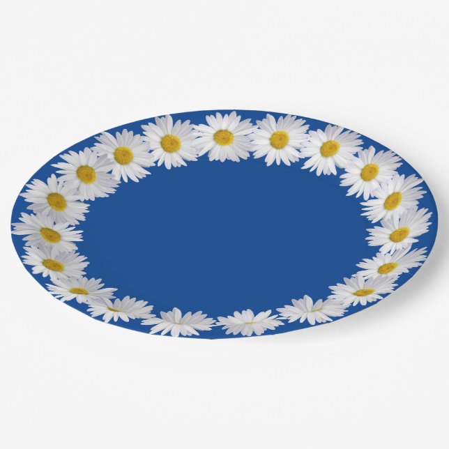 White Daisy Border On Blue Paper Plate (Angled)