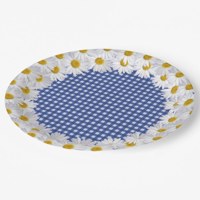 White Daisy Border On Gingham Paper Plate (Angled)