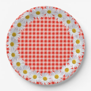 White Daisy Border On Gingham Paper Plate