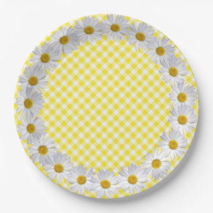 White Daisy Border On Gingham Paper Plate