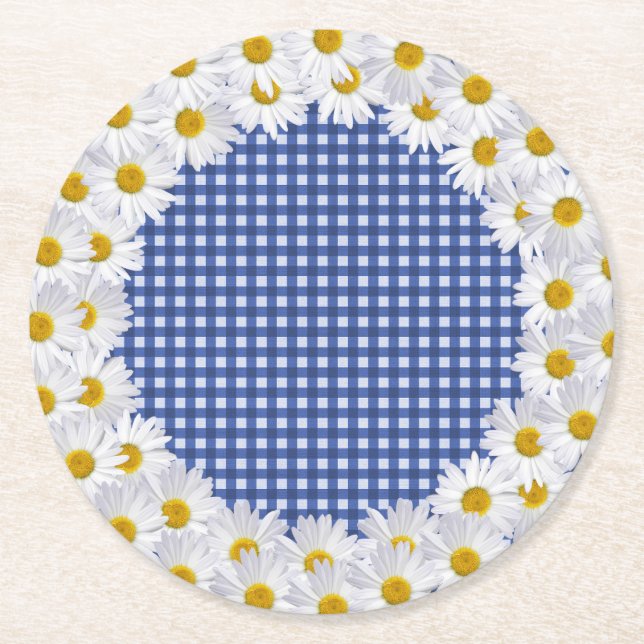 White Daisy Border On Gingham Round Paper Coaster (Front)