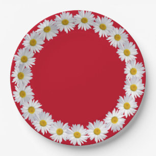 White Daisy Border On Red Paper Plate