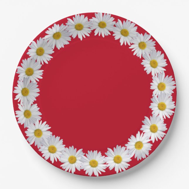 White Daisy Border On Red Paper Plate (Front)