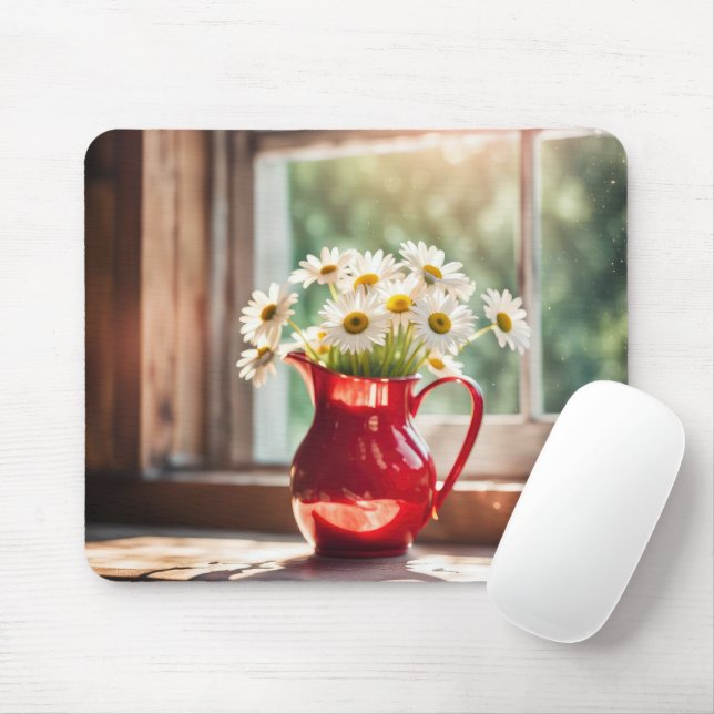 White Daisy Bouquet In Red Pitcher Mouse Pad (With Mouse)