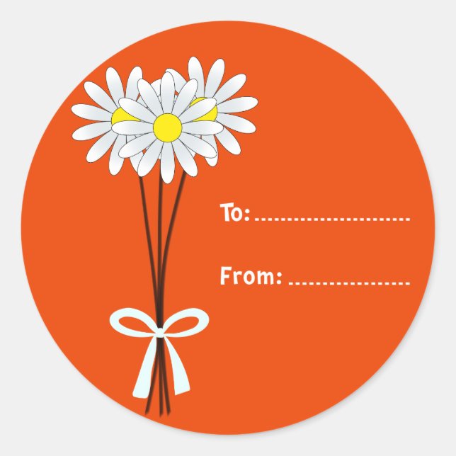 White Daisy Bouquet on Orange Round Sticker (Front)