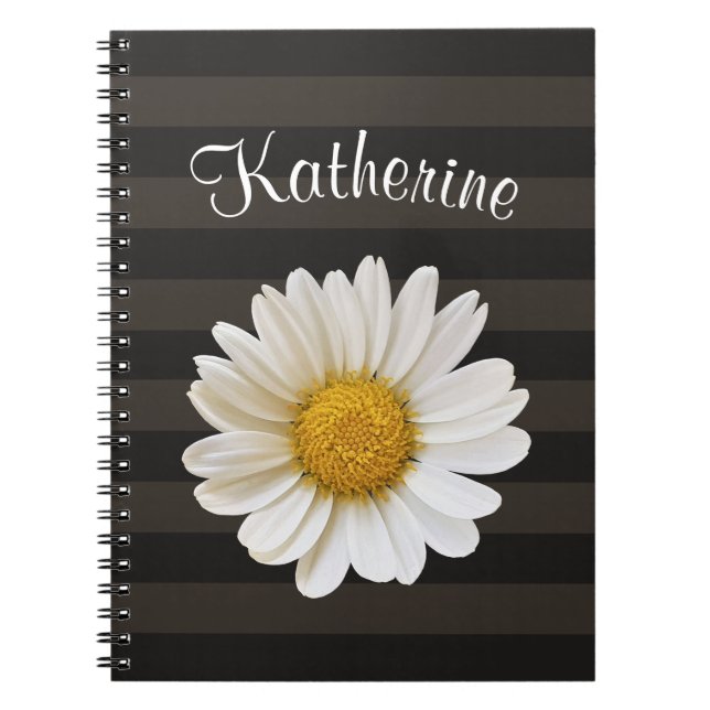 White Daisy Dark Striped Custom Name Notebook (Front)