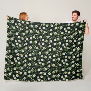 White Daisy Design On Black Fleece Blanket