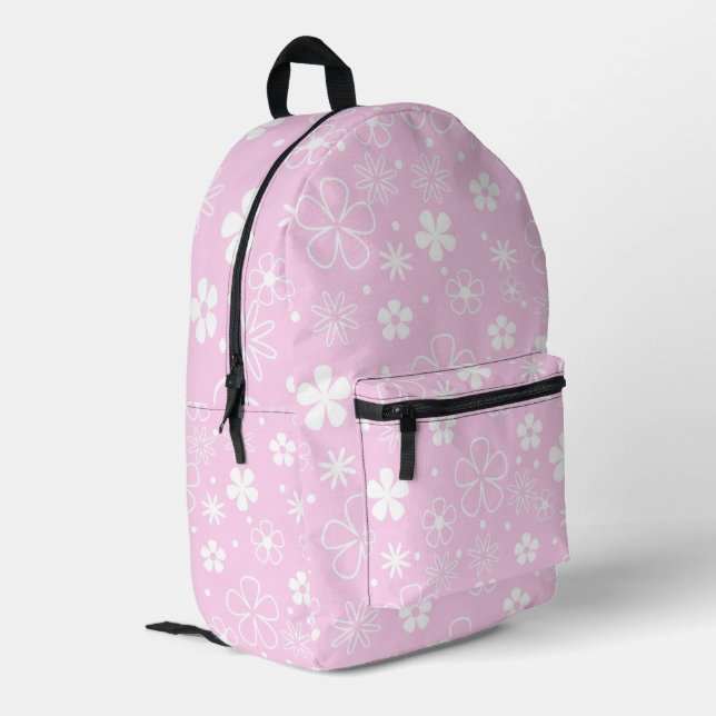 White Daisy Doodles On Pink Printed Backpack (Back Corner Left)