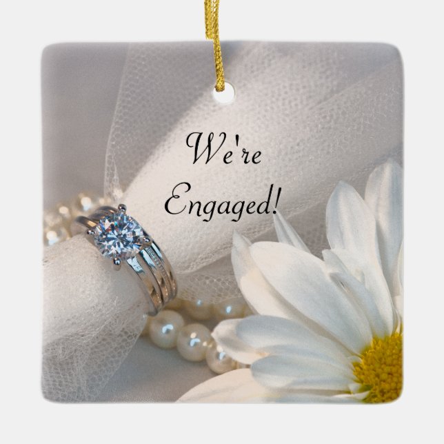 White Daisy Elegance We're Engaged Ceramic Ornament (Front)