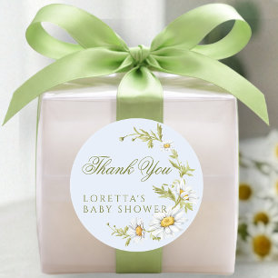White Daisy Floral Baby Shower Thank You Blue Classic Round Sticker