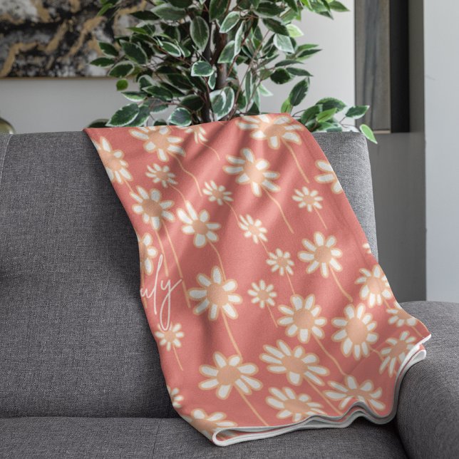 White Daisy Floral Pattern Custom Name  Fleece Blanket (Creator Uploaded)