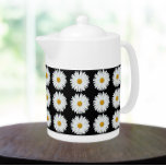White Daisy Floral Pattern on Black<br><div class="desc">White ceramic teapot with lid that features the photo image of a pretty, white Daisy flower on a black background and printed in a repeating pattern. A lovely, floral design!</div>