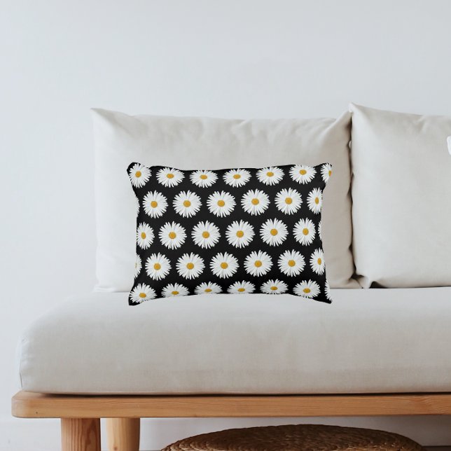 White Daisy Floral Pattern on Black Accent Pillow (In Situ Sofa)