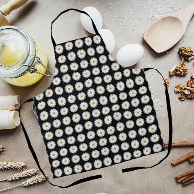 White Daisy Floral Pattern on Black Apron (In Situ Kitchen)