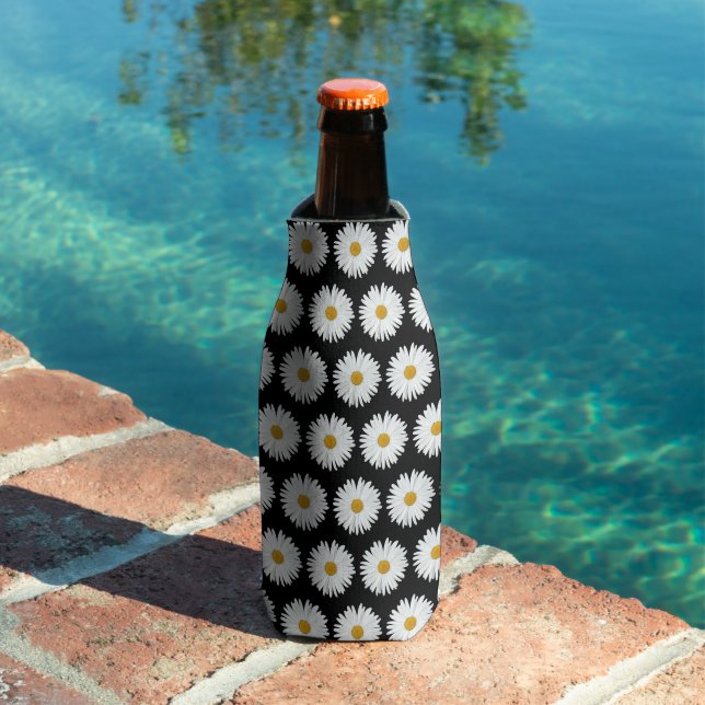 White Daisy Floral Pattern on Black Bottle Cooler (In Situ Pool)