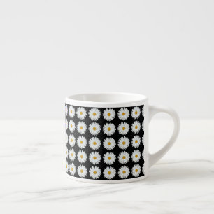 White Daisy Floral Pattern on Black Espresso Cup
