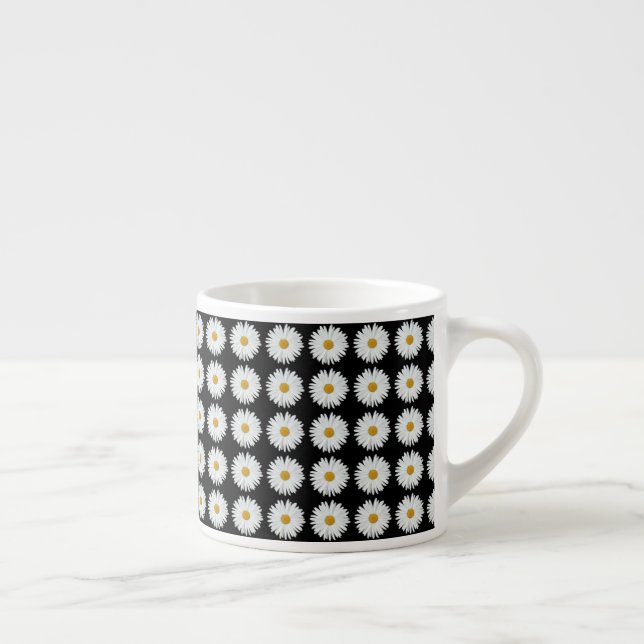 White Daisy Floral Pattern on Black Espresso Cup (Right)