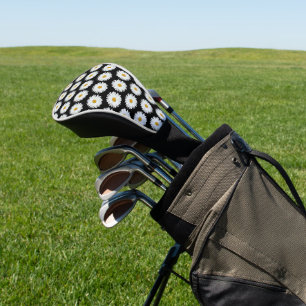 White Daisy Floral Pattern on Black Golf Head Cover